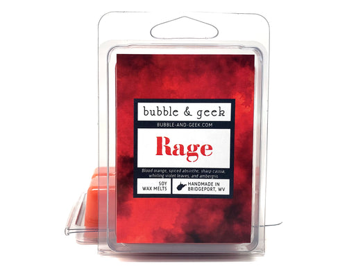 Rage scented soy wax melts by Bubble and Geek. The label background art is red-orange abstract watercolor art with gray-black smoke in the corners.