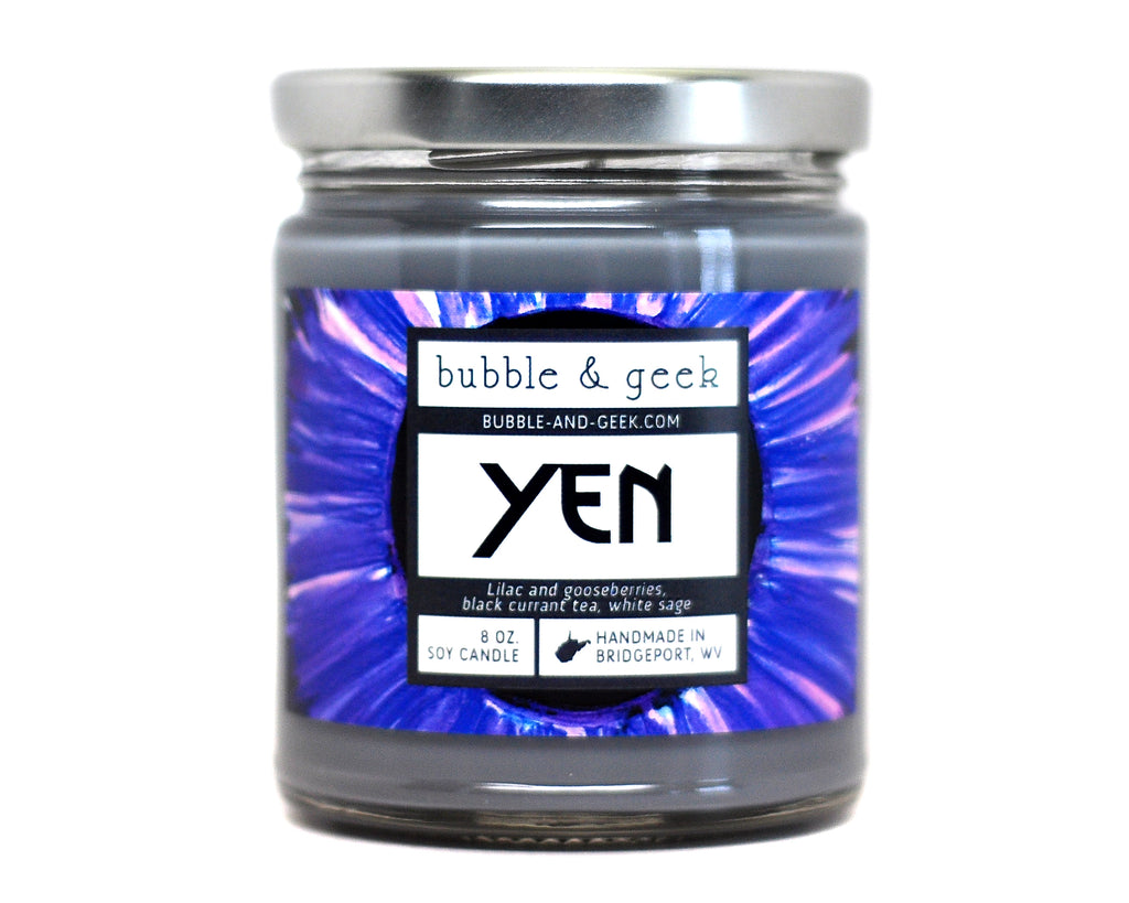 Yen Scented Soy Candle Jar Bubble and Geek